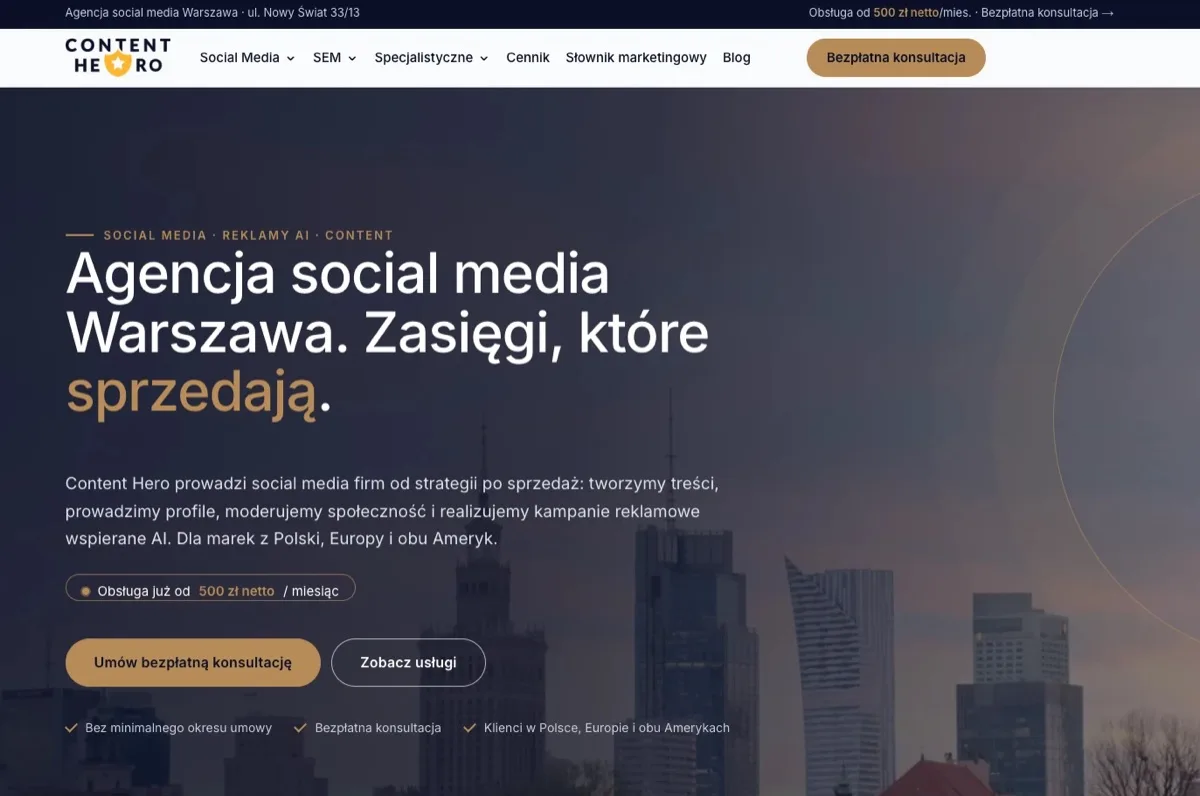 Strona internetowa Content Hero — agencja social media z Warszawy