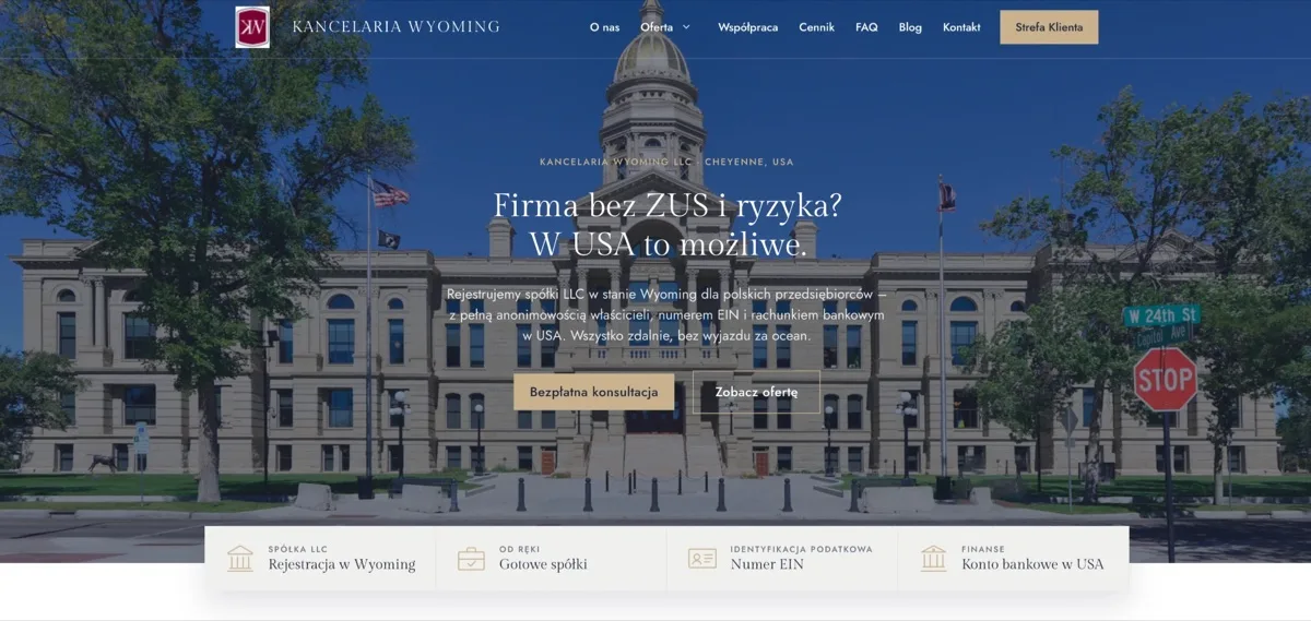 Strona internetowa Kancelarii Wyoming — rejestracja spółek LLC w USA