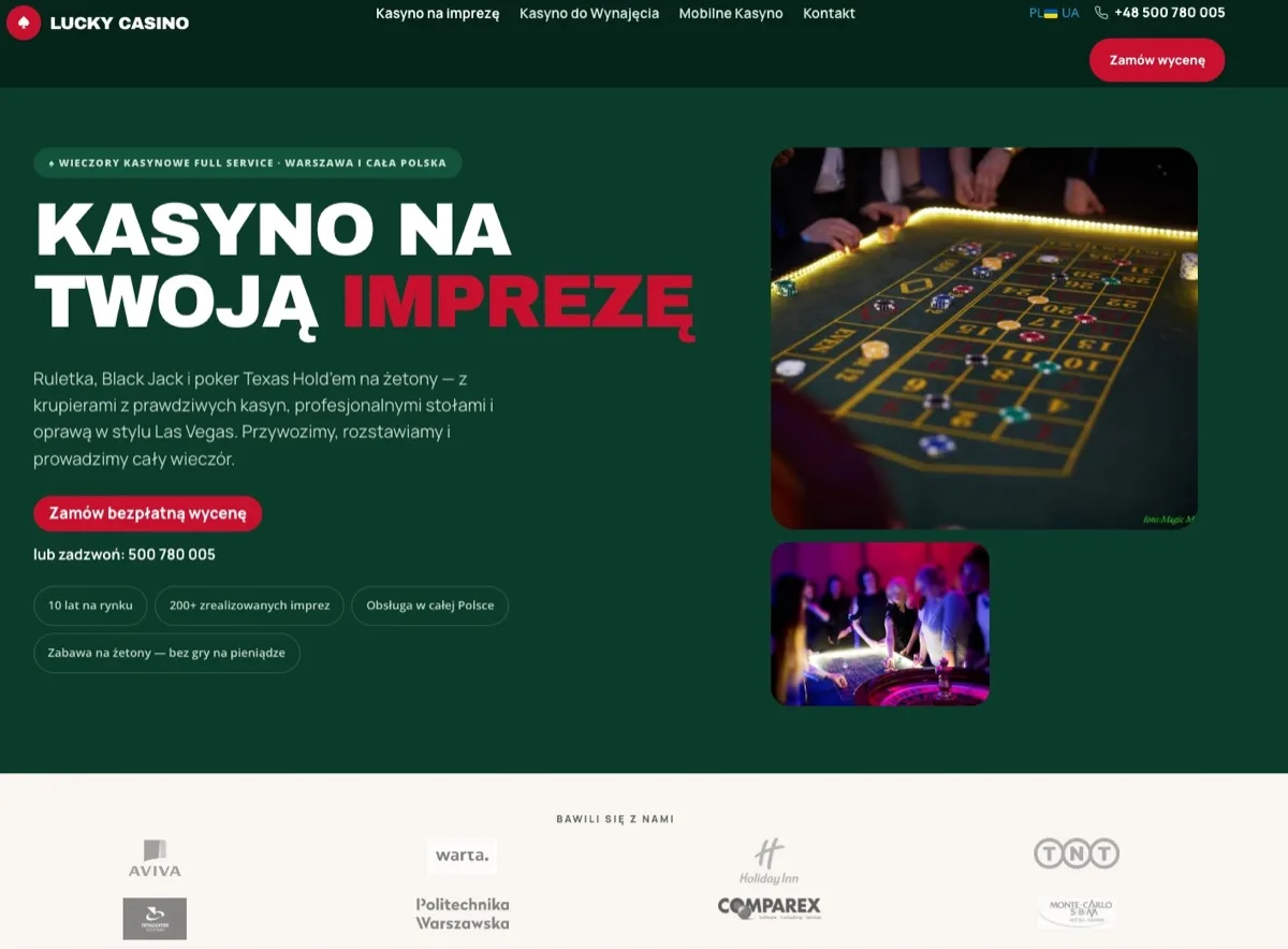 Strona internetowa Lucky Casino — wynajem kasyna na imprezy firmowe